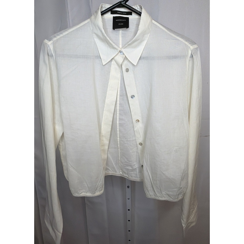 Massimo Dutti Studio Womens Ivory Sheer Cropped Button Blouse Made in Spain Larg